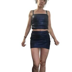 New BD Junior shiny blue club outfit mini shirt crop top xs 1